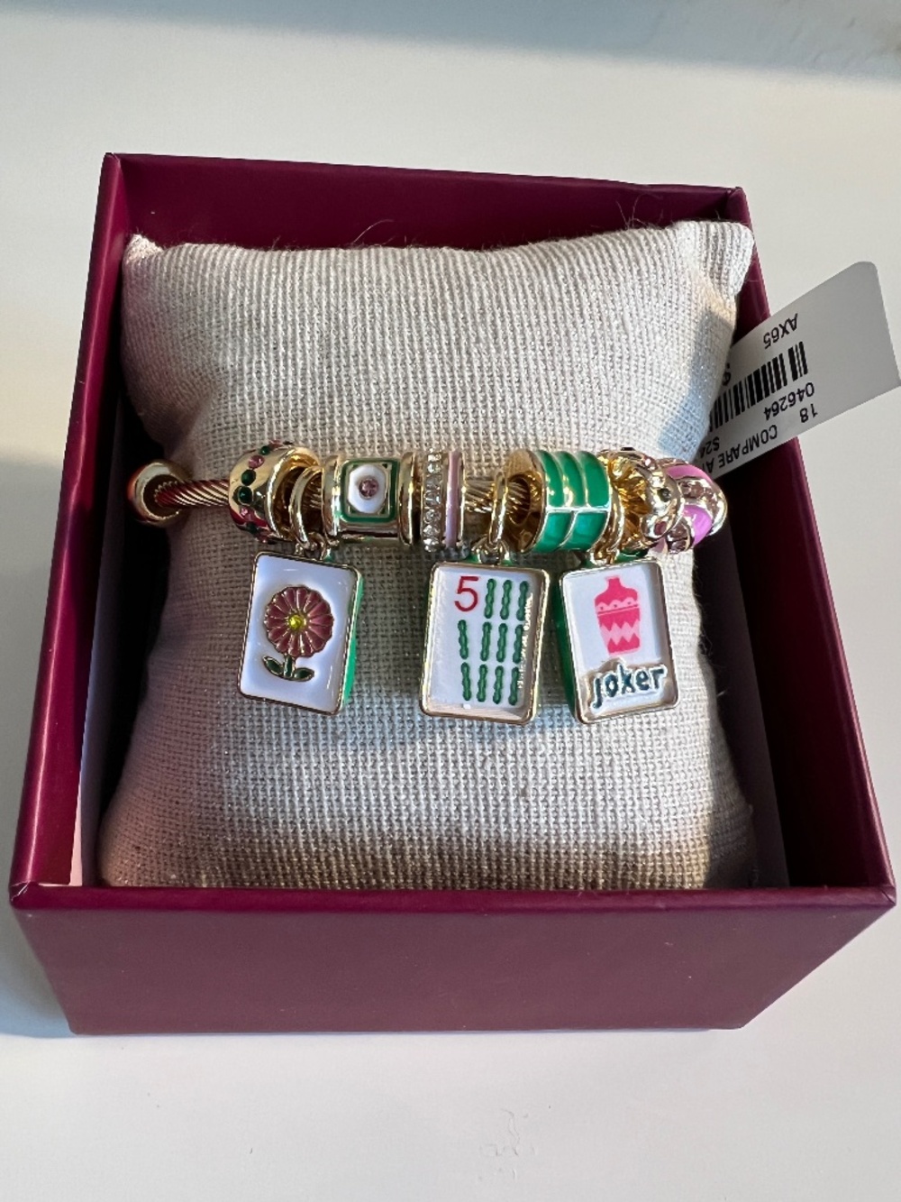NWT Piper K Mahjong Charm Bracelet - Gold Tone Enamel Tiles Joker Floral Boxed